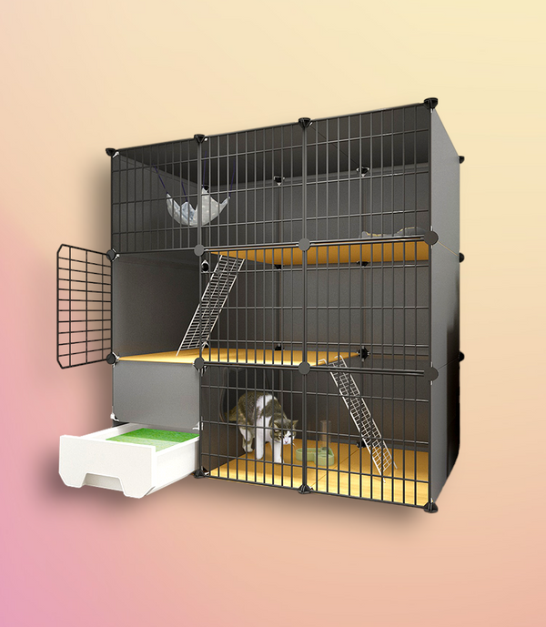 a dark color and 3 tier indoor catio is placed in a pink gradient background