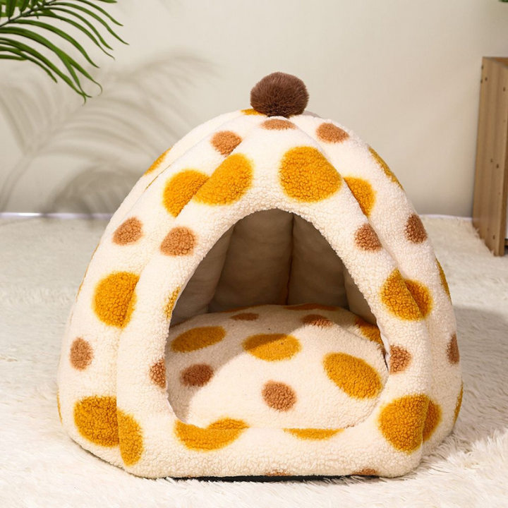 orange polkd dot igloo pet bed indoor