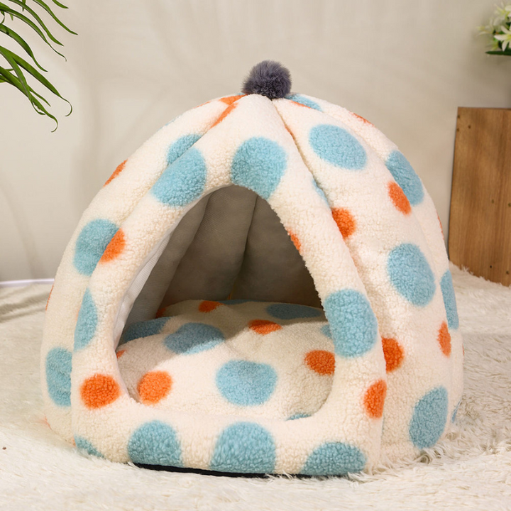 blue and orange polka dot pumpkin design cat bed