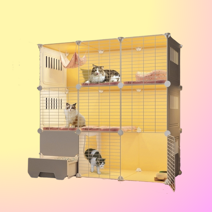 dark grey indoor catio has pink gradient background