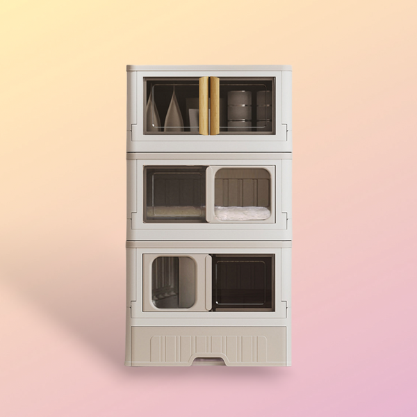 3-in-1 cat cabinet is in pink and yellow gradient background