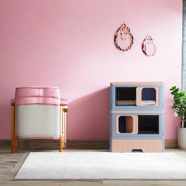 a pink blue cat cabinet is in a pink background wall