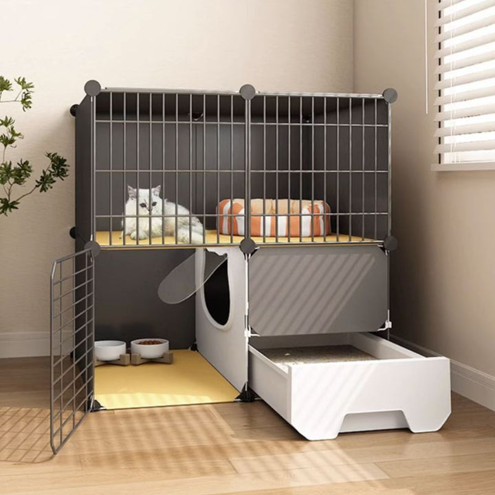 2 layers and 2 columns dark grey cat villa with enclosed cat litter box