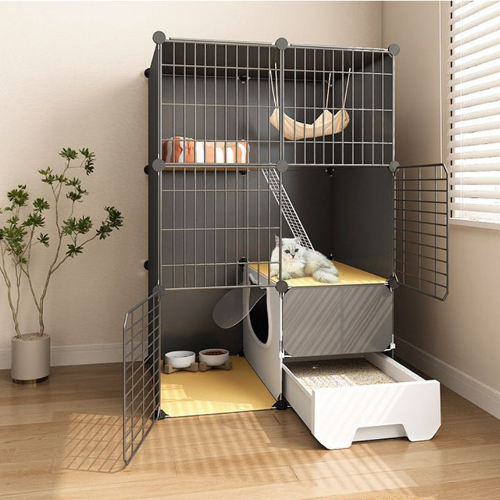 3 layers and 2 columns dark grey cat house on the corner with pull-out cat litter box